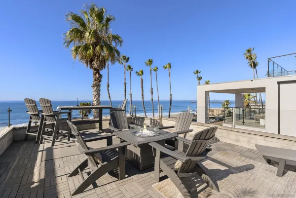 a view of a terrace with seating area