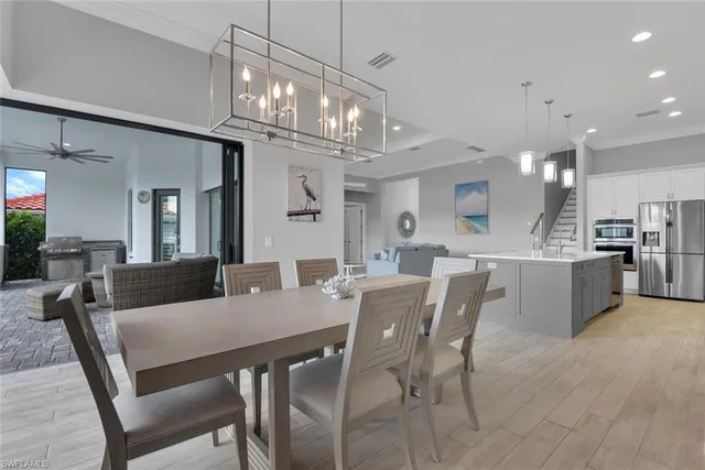 a view of a dining room with furniture window and outside view