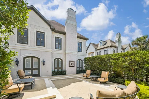 a building outdoor space with patio furniture
