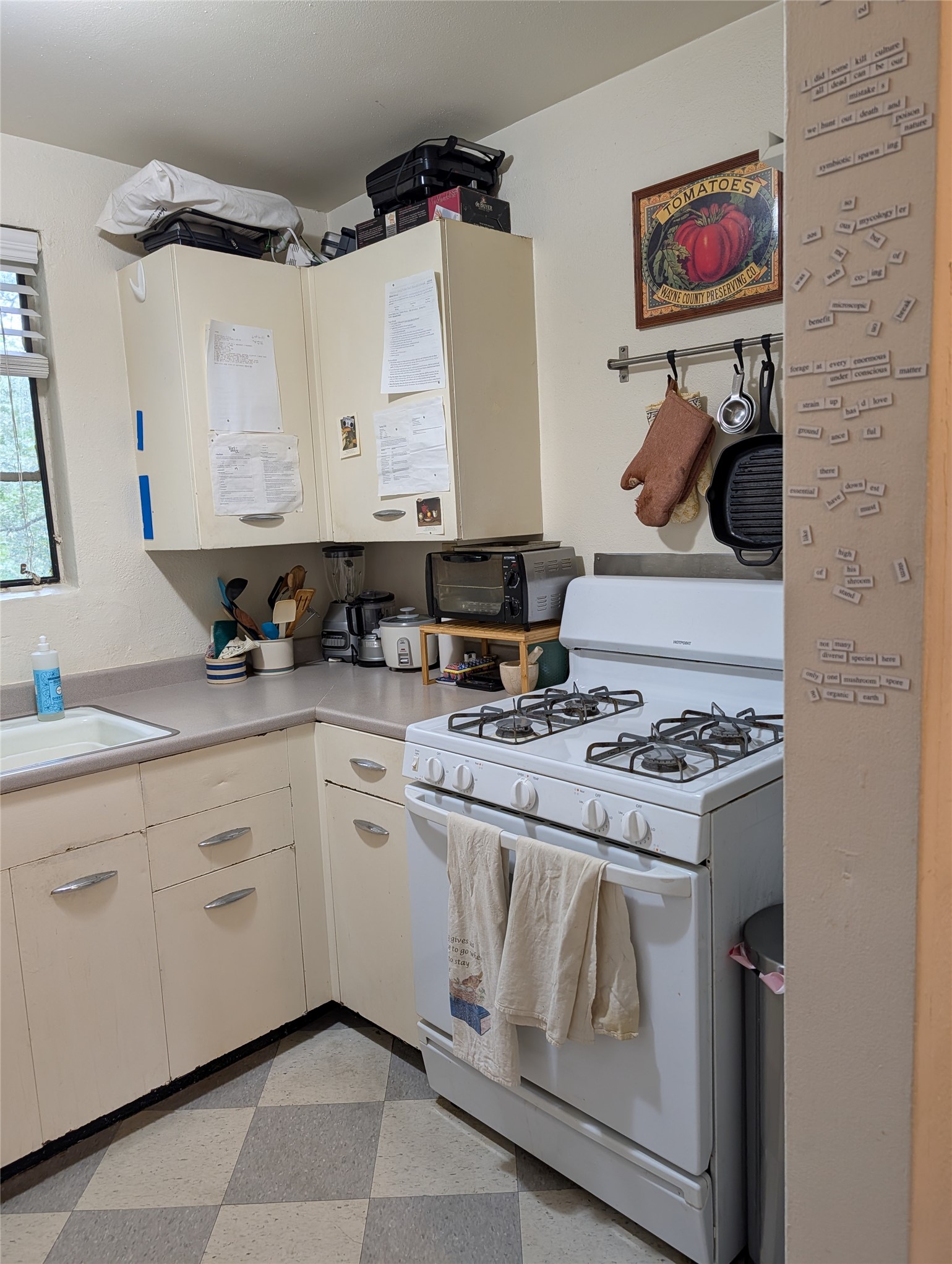 1302 Kirkwood Road, Unit B Austin, TX 78722 - Photo 6 of 12 Compact kitchen featuring a white gas range, checkerboard flooring, light-toned cabinetry, and a window
