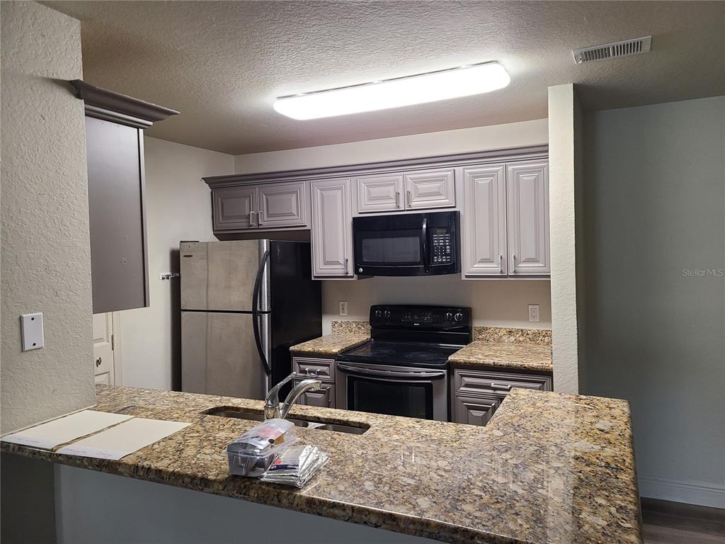 8911 Manor Loop, Unit 205 Lakewood Ranch, FL 34202 - Photo 14 of 33 a kitchen with granite countertop a refrigerator stove and microwave
