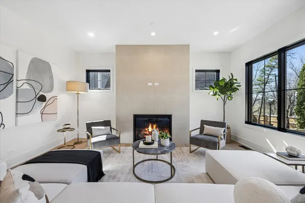 a living room with furniture potted plant and a fireplace
