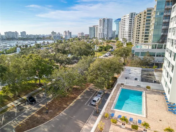 a view of city with tall buildings