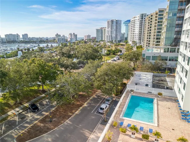 a view of city with tall buildings
