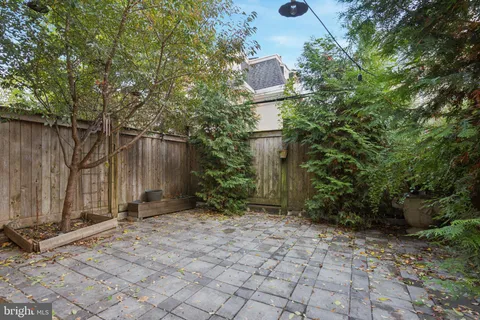 a backyard of a house with plants and trees