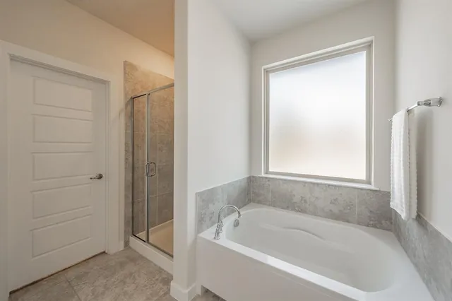 a bathroom with a bathtub and a shower