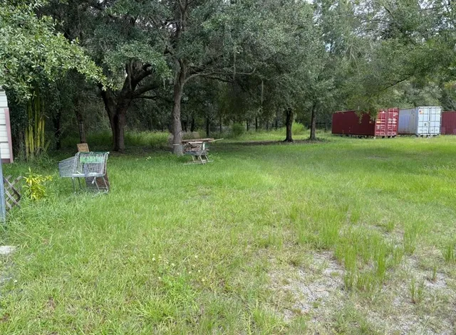 a view of a garden with a bench