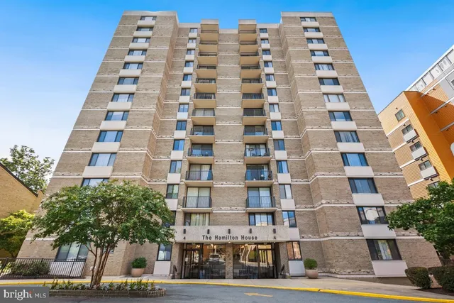 a front view of a tall building