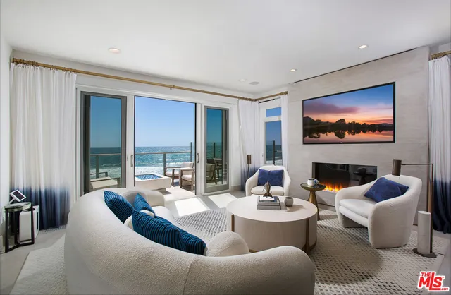 a living room with furniture potted plant and a large window