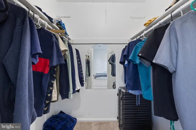 a view of walk in closet with clothes and shoes