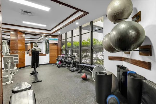 a view of a room with gym equipment