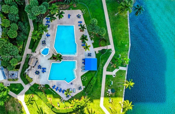 an aerial view of a swimming pool with a garden and plants