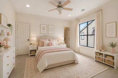 a spacious bedroom with a bed and a window