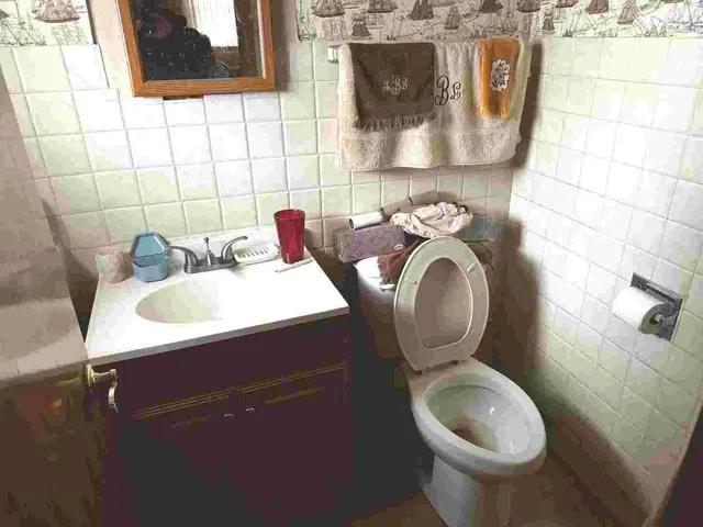 a bathroom with a toilet mirror and vanity