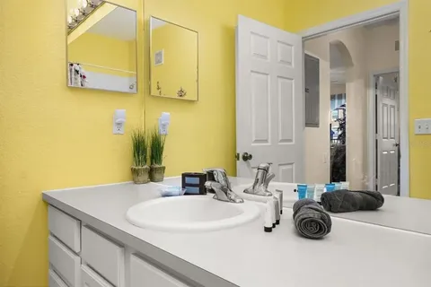 a bathroom with a sink and a mirror