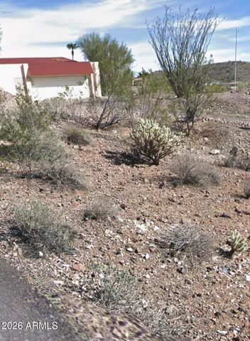 a view of a dry yard with wooden fence
