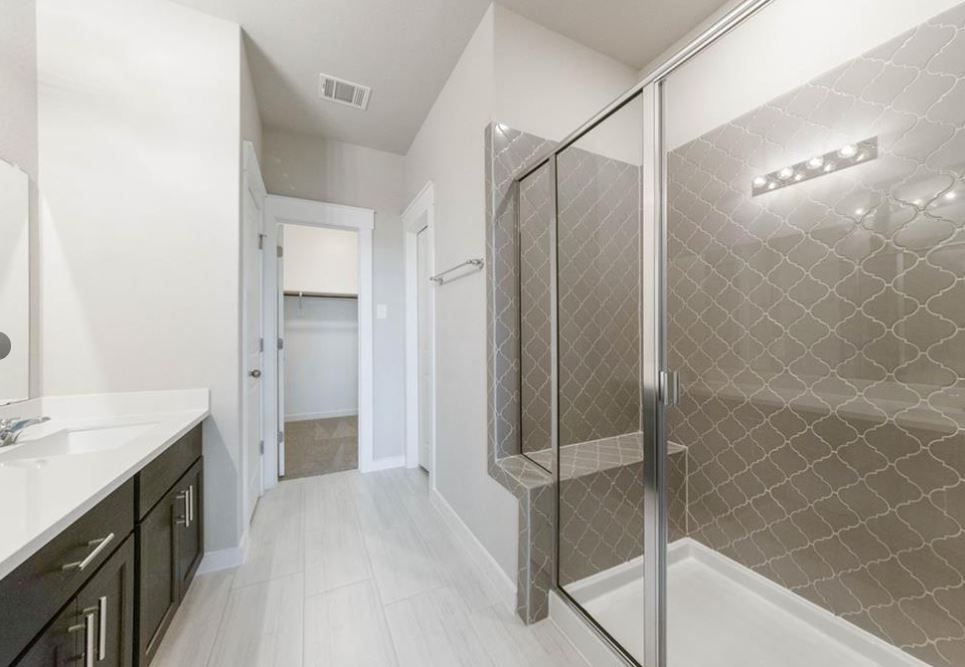 2221 Rocoso Trail Leander, TX 78641 - Photo 8 of 16 Full bathroom with vanity, a shower stall, and a spacious closet