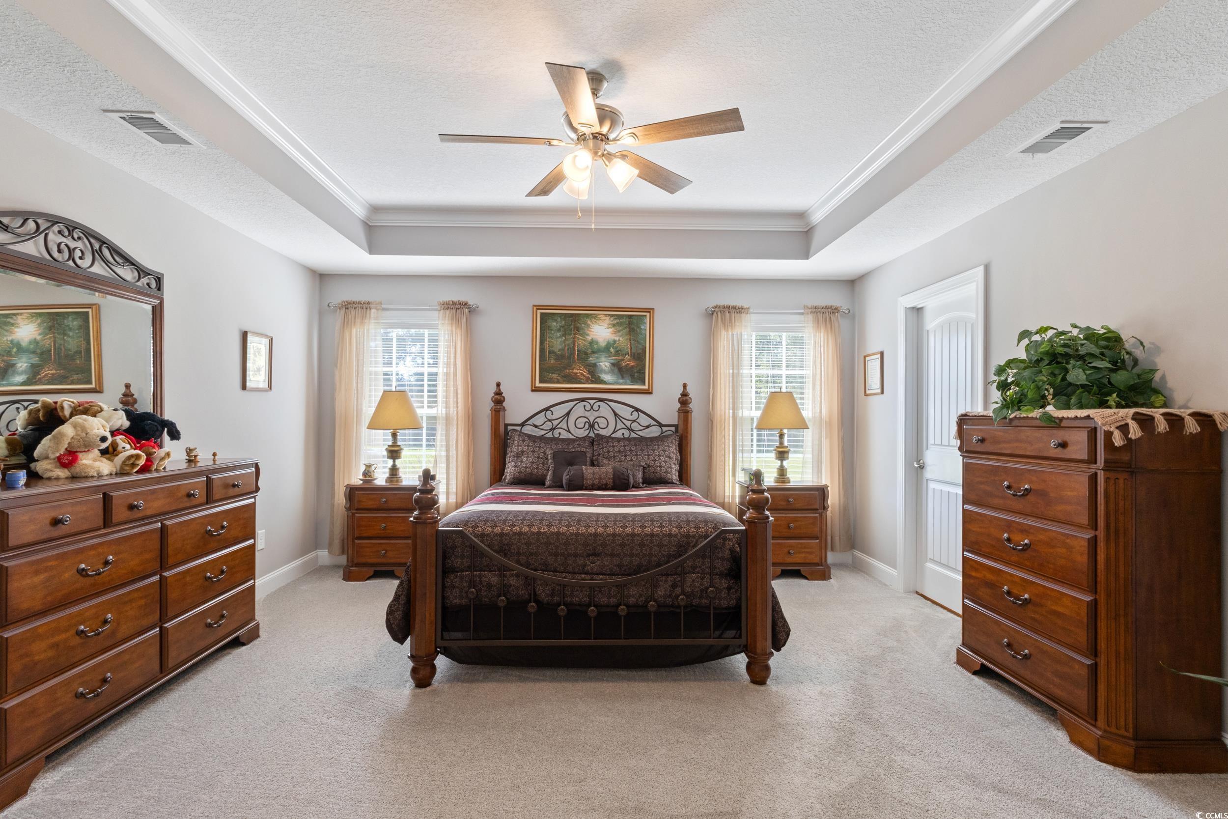 1353 Hucks Road Aynor, SC 29511 - Photo 21 of 40 Bedroom with light colored carpet, a raised ceiling, a ceiling fan, a textured ceiling, and crown molding