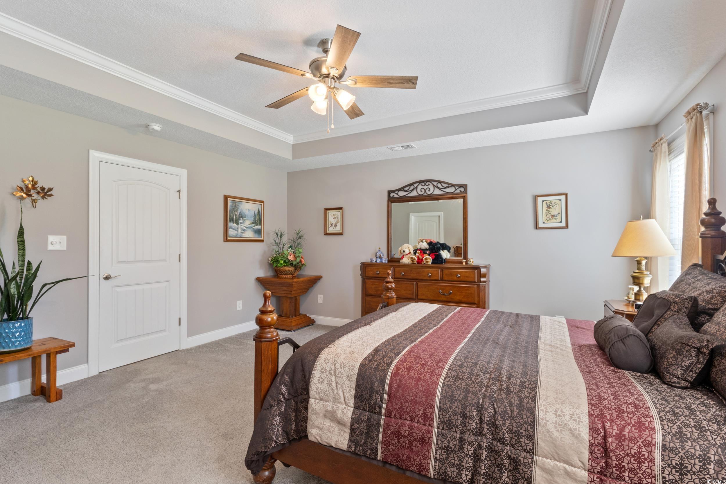 1353 Hucks Road Aynor, SC 29511 - Photo 24 of 40 Bedroom featuring a tray ceiling, carpet flooring, ornamental molding, and a ceiling fan
