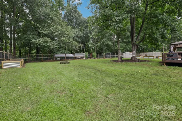 a view of a wooden house with a yard chairs and a large tree