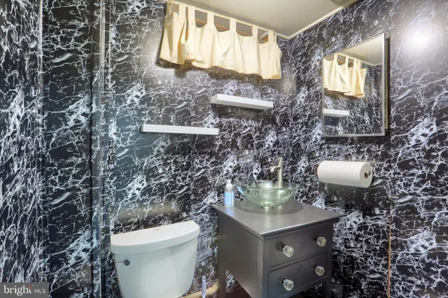 a bathroom with a toilet a sink and a mirror