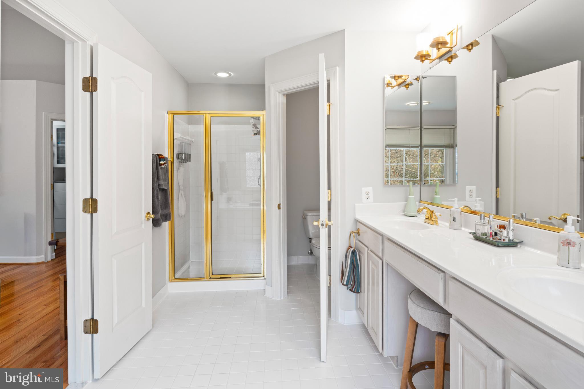 150 Rees Place Falls Church, VA 22046 - Photo 27 of 47 a bathroom with a sink vanity granite shower and a mirror