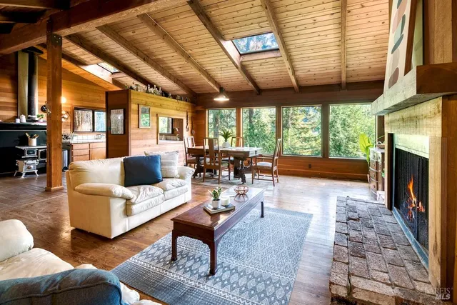 a living room with furniture a wooden floor and a fireplace