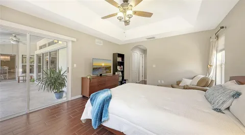 a bedroom with a bed and a flat screen tv