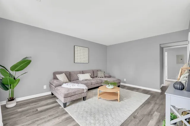 a living room with furniture and a potted plant