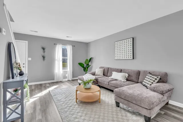 a living room with furniture and a potted plant