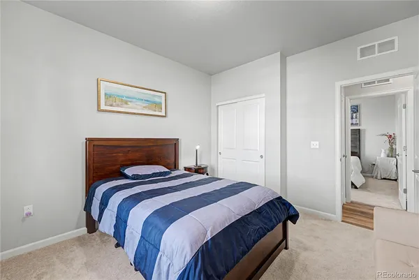 a bedroom with a bed and walk in closet