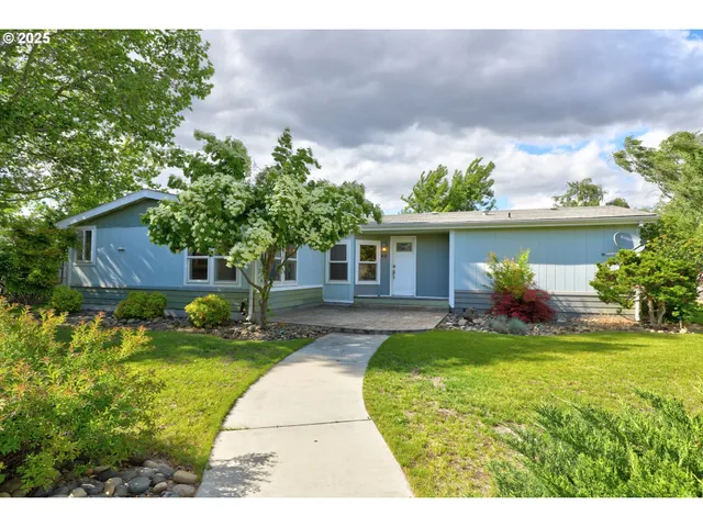 a view of a house with a yard and a garden