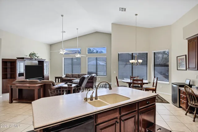 a view of a dining room with furniture