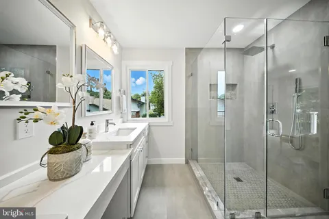 a bathroom with a double vanity sink a mirror a potted plant and shower