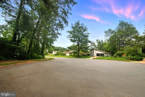 a view of a backyard with large trees