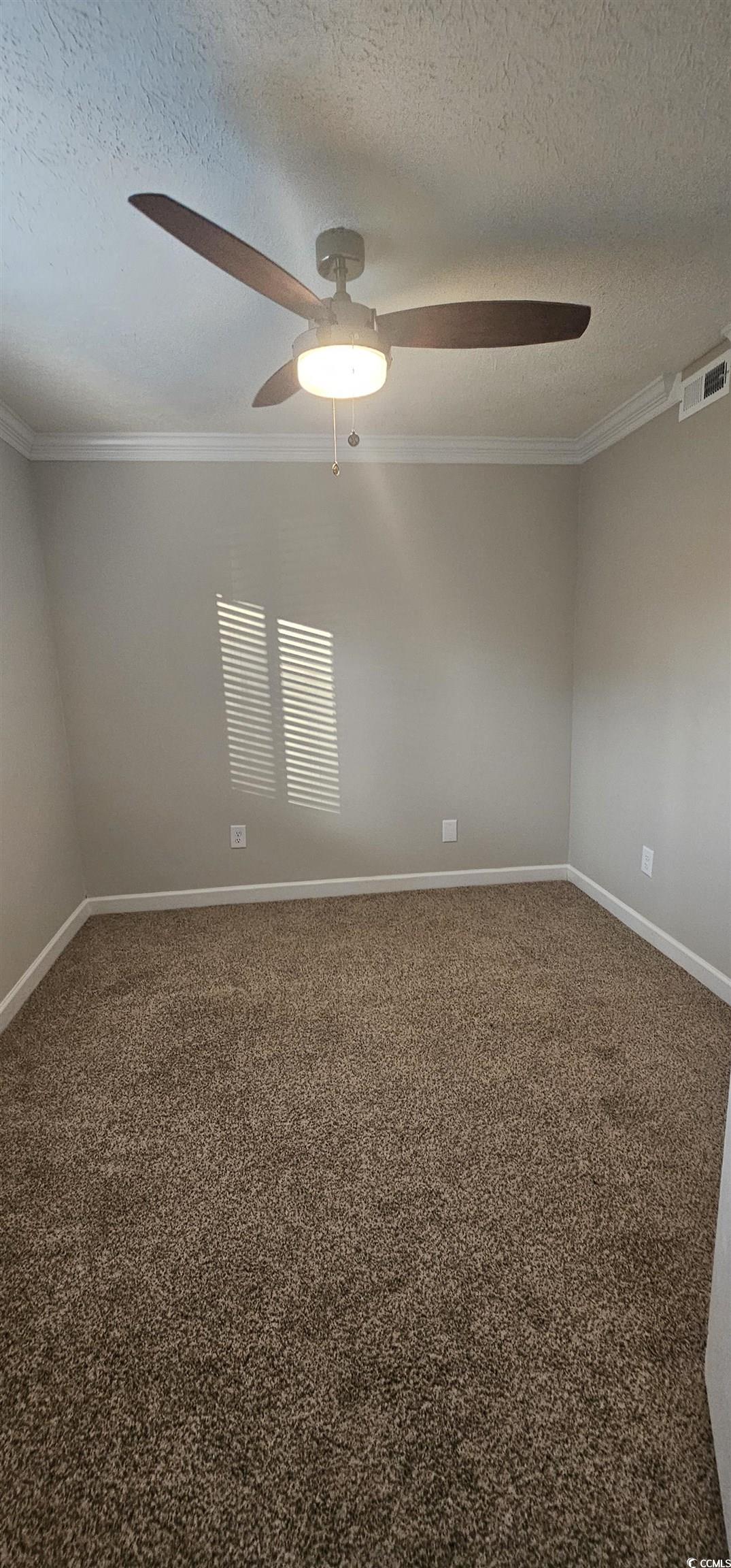 615 Carter Lane, Unit A1 Conway, SC 29526 - Photo 19 of 24 Unfurnished room with carpet, a textured ceiling, ceiling fan, and ornamental molding