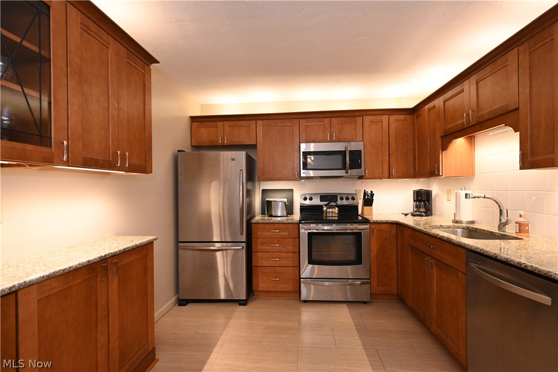 Kitchen featuring sink, stainless steel appliances, tasteful backsplash, and light stone counters