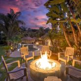 a view of a backyard with plants and a patio