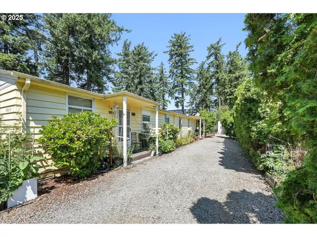 a view of a house with a yard and potted plants