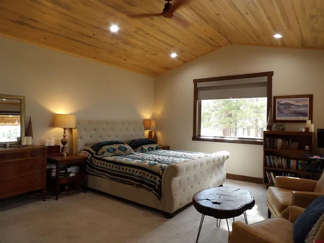 a bedroom with a bed and a bookshelf