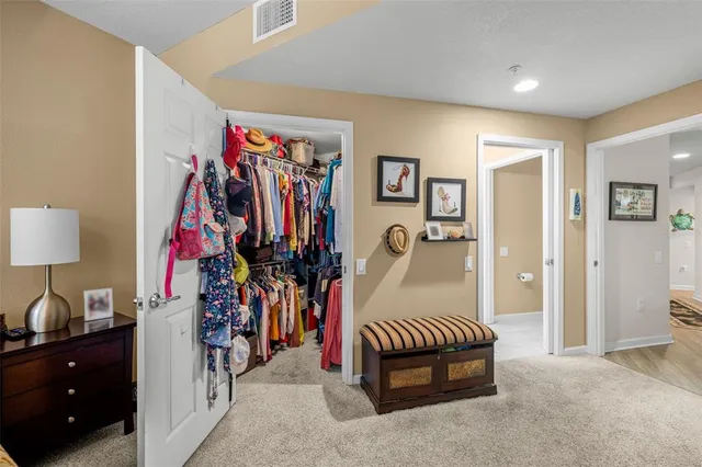 a view of a livingroom with furniture and closet