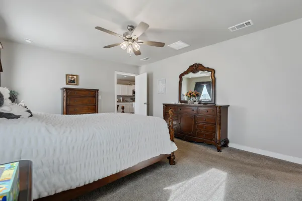 a bedroom with a bed and dresser
