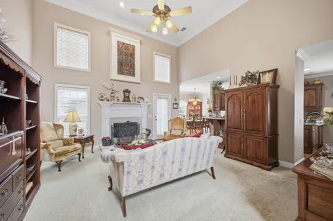 a living room with furniture and a fireplace