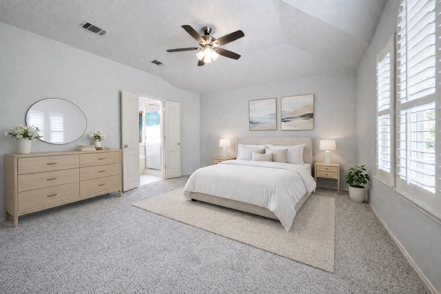 4518 Tello Path Austin, TX 78749 - Photo 14 of 26 Ai - Bedroom featuring vaulted ceiling, light carpet, ceiling fan, and connected bathroom