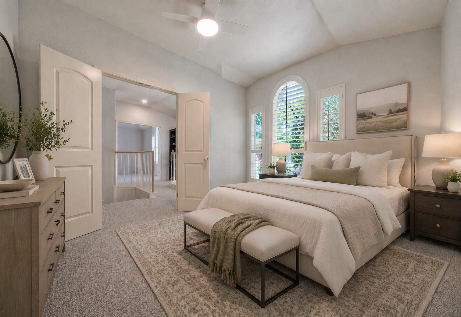 4518 Tello Path Austin, TX 78749 - Photo 18 of 26 Ai - Bedroom featuring vaulted ceiling, light colored carpet, and a ceiling fan