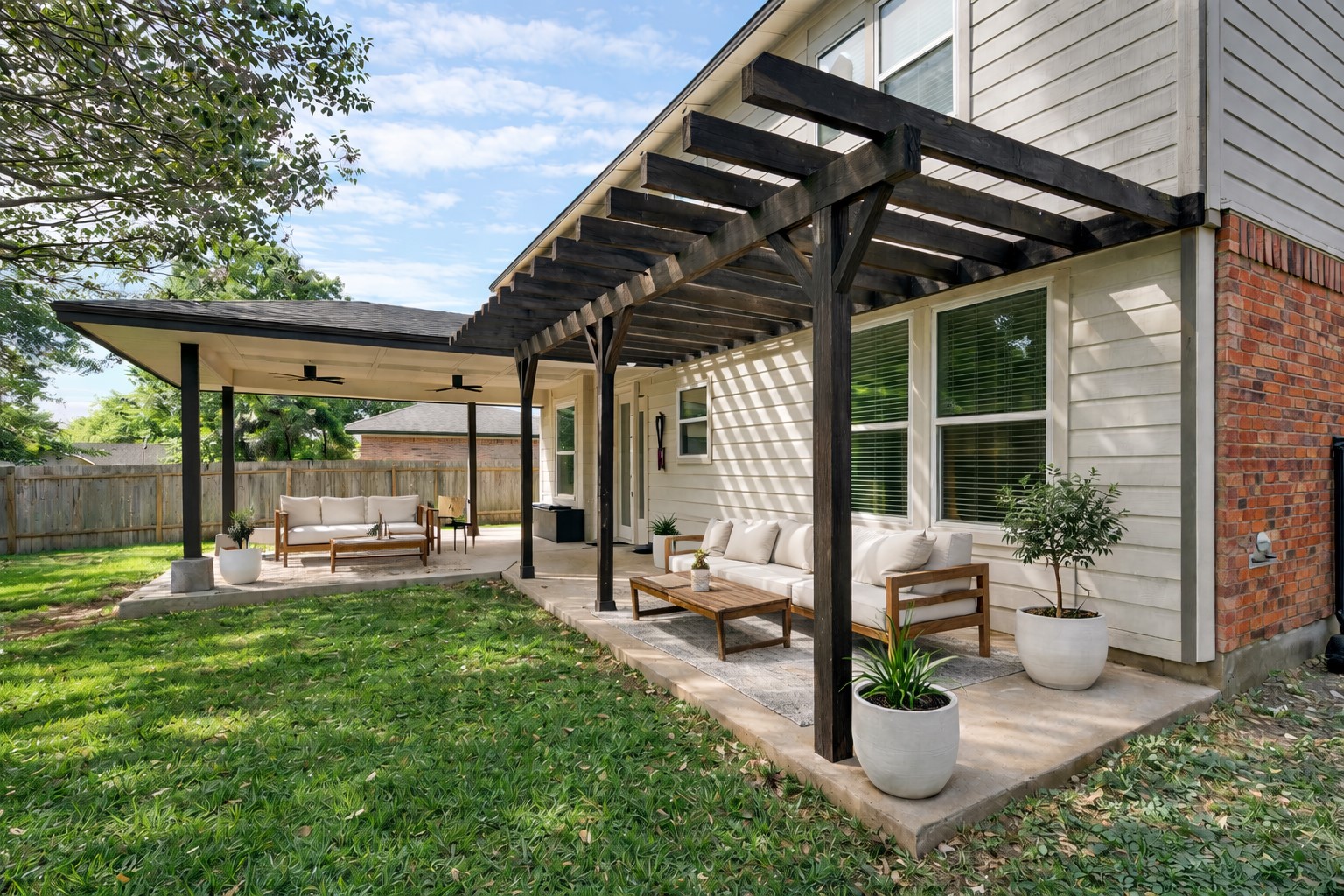 4518 Tello Path Austin, TX 78749 - Photo 22 of 26 View of patio with an outdoor lounge area, a pergola, and a ceiling fan