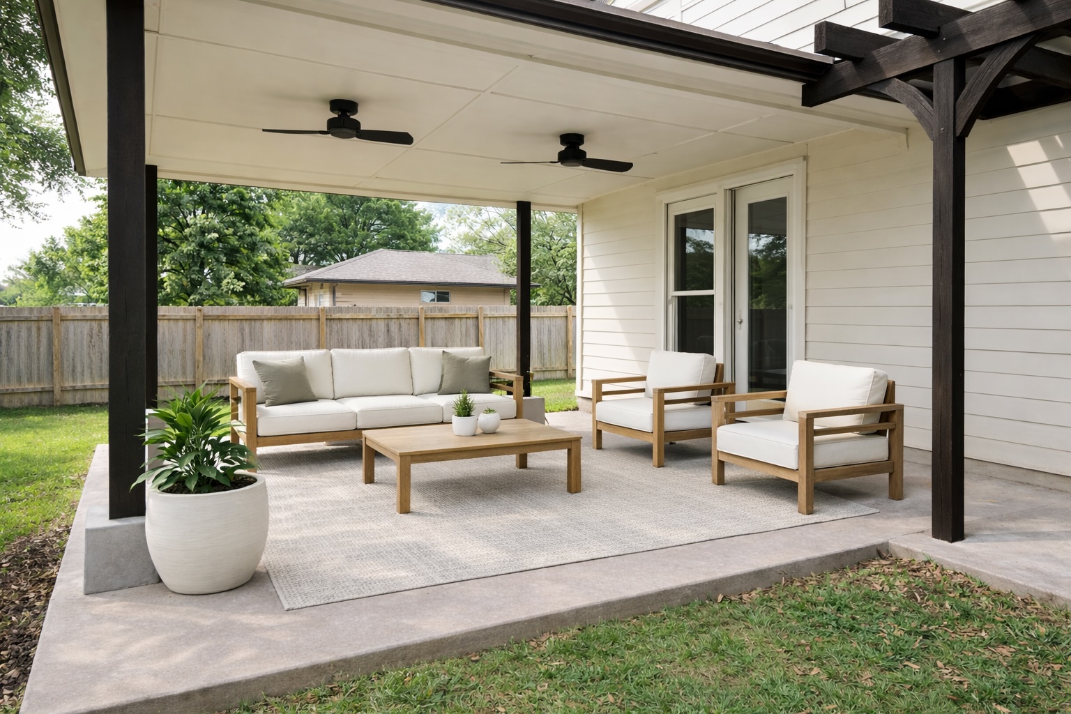 4518 Tello Path Austin, TX 78749 - Photo 23 of 26 Fenced backyard featuring a patio area, outdoor seating, and ceiling fan