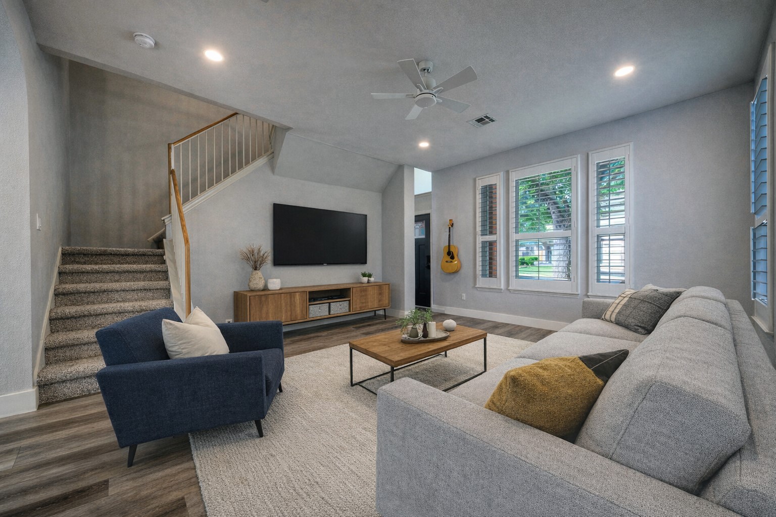 4518 Tello Path Austin, TX 78749 - Photo 4 of 26 Ai - Living room featuring wood finished floors, a ceiling fan, and recessed lighting