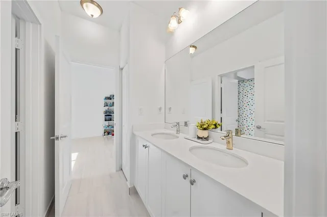 a bathroom with a sink vanity and a mirror