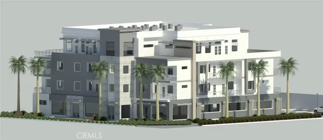 a front view of a building with a garden